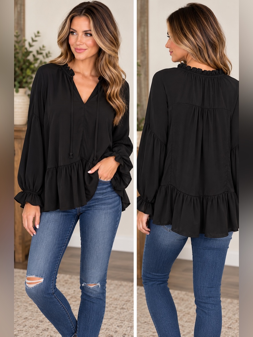 Umgee Black Ruffle Peplum Blouse Boho Long Sleeve V Neck Medium